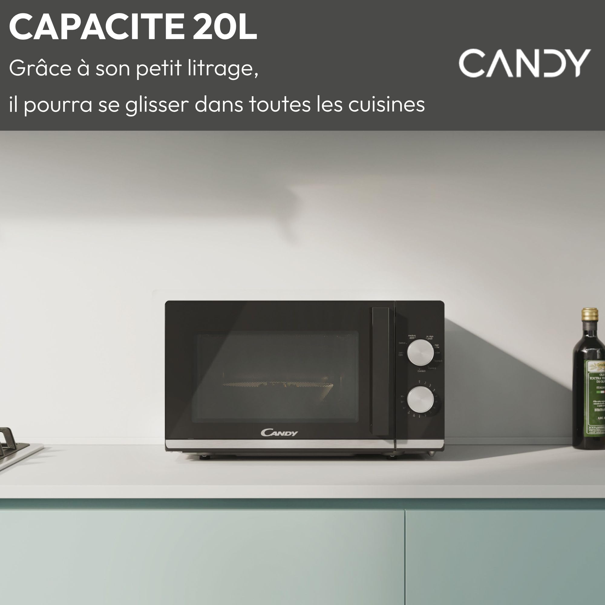 Candy Moderna CMG20TNMB Four Micro-ondes 700 W 20L , Fonction Gril, Fonction Décongélation, 20 litres, Plateau Tournant 24,5cm, Noir & Silver