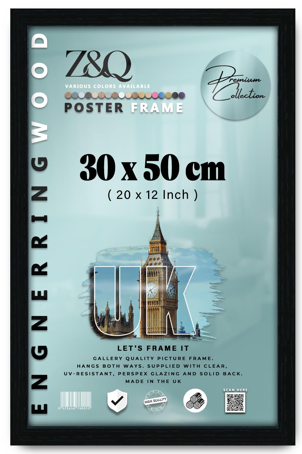 Z&Q | Vintage MDF Poster Frame (30 x 50 CM) Premium Wooden Texture, Classic Wall Display 20 x 12 Artistic Frame for Prints, 300 x 500 mm [ Black ]