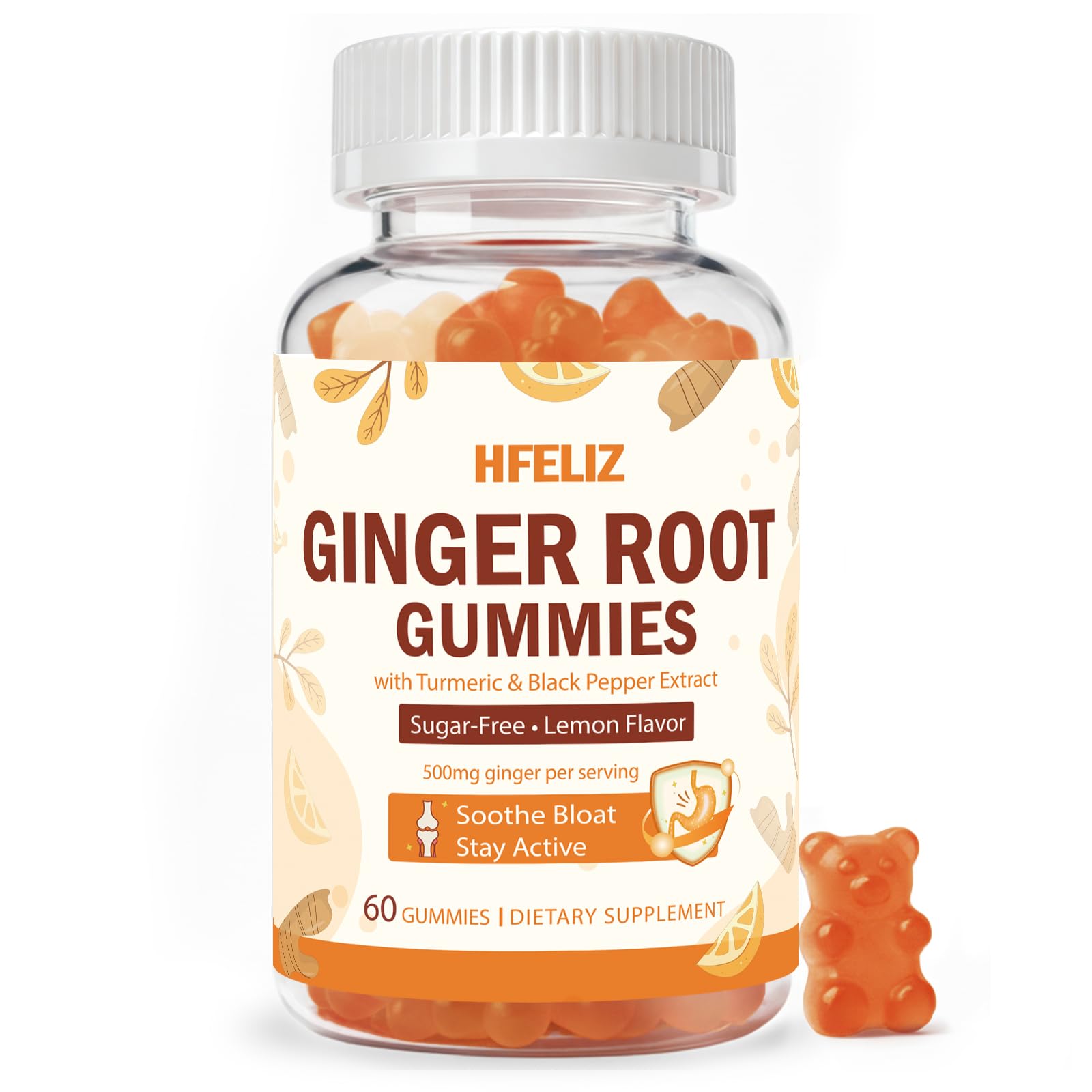 Ginger Gummies 500mg with Turmeric, Digestive Support, 60 Chews