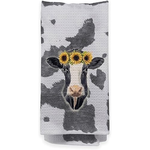 Sunflower Cow Kitchen Towels, Cow Kitchen Decor, Cow Dish Towels for Kitchen, Cow Waffle Hand Towels, Cow Gifts for Cow Lovers, 16x24 Inch