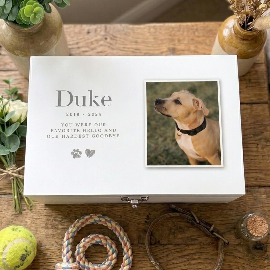 Caja de recuerdo de madera blanca personalizada para fotos de mascotas, regalo de condolencias por la pérdida de mascotas, 27 x 19 x 14 cm