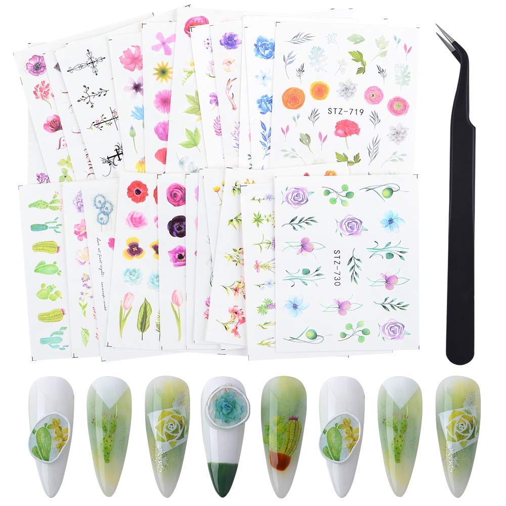 BAIYIYI 24 Sheets Colorful Flower Nail Art Stickers Decals Water Transfer Nail Stickers Flowers Leaf Design Nail Tip Decals Women Girls DIY Acrylic Nails Decorations with Tweezers