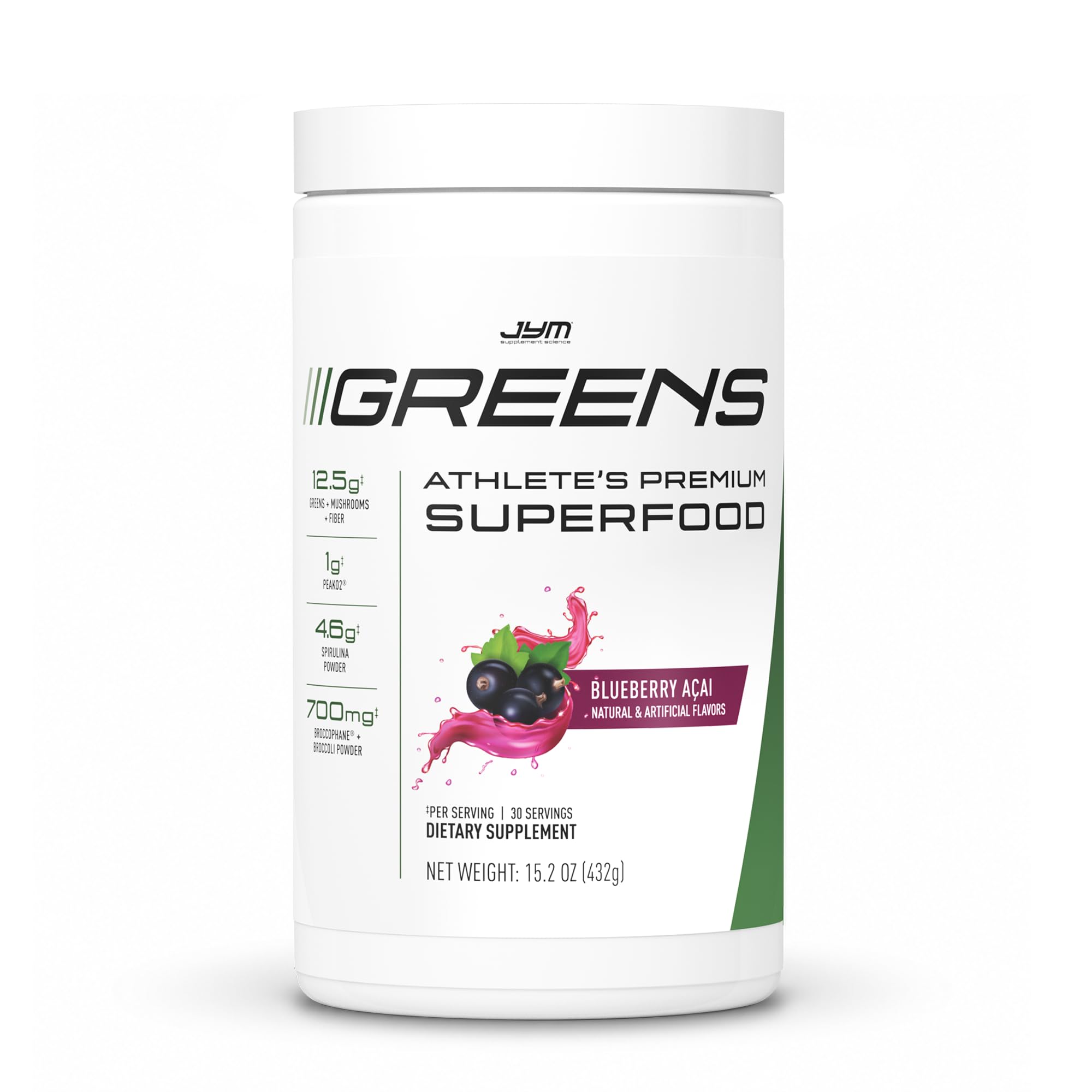 JYM Greens Super Food Powder for Performance, Blueberry Acai, Spirulina, Mushrooms, Vitamins, BroccoPhane & Broccoli, Men & Women, 30 Servings