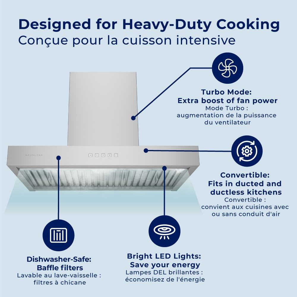 Hauslane Wall Mount Range Hood 30” WM-730 Low Noise 4 Speed Performance Contemporary Design, Chef Model, Full-Size Handles, Professional-Grade Baffle Filters, LED Lamps, Stainless Steel
