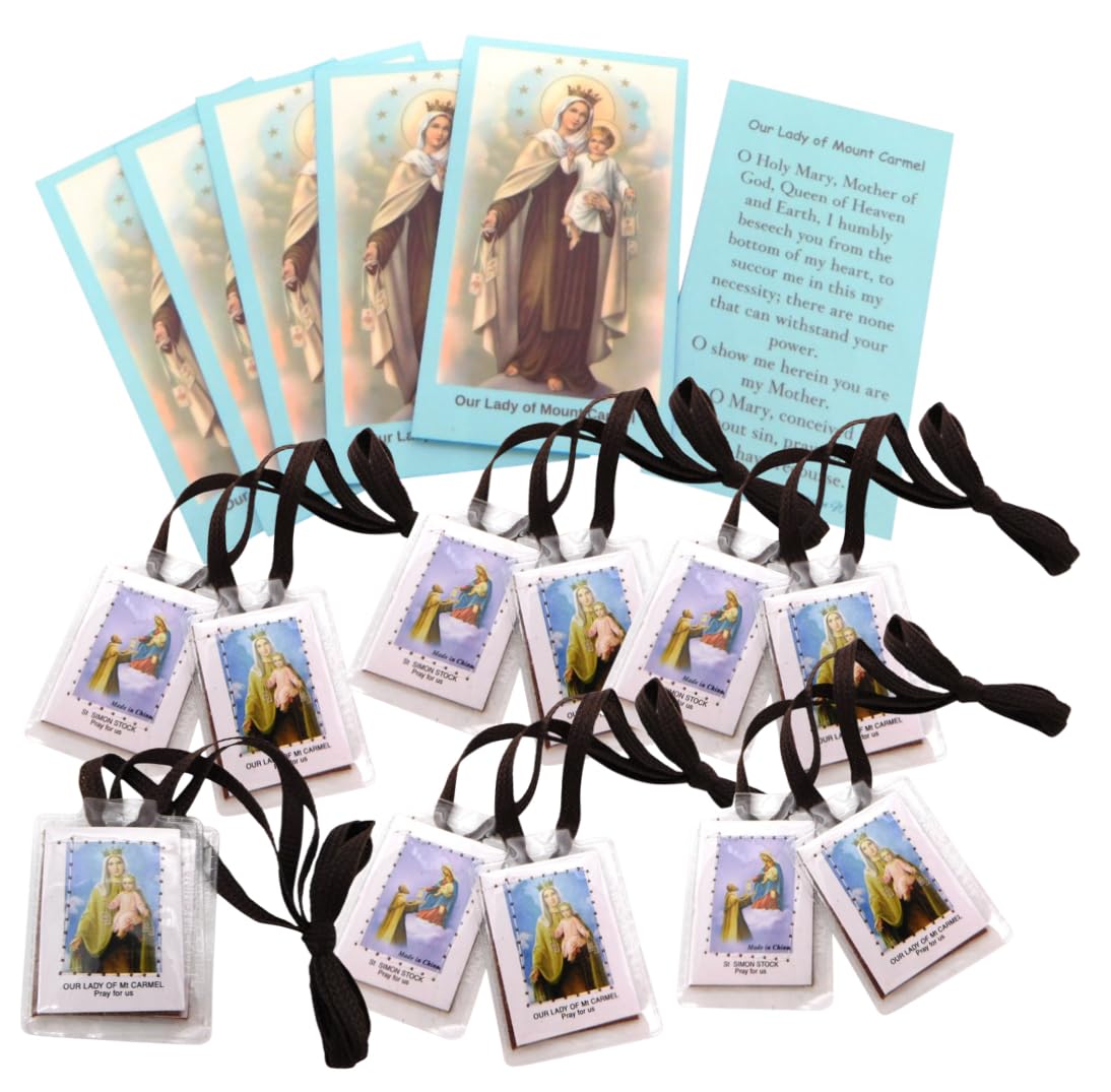 Westmon WorksScapular and Holy Card Set Bulk Classroom Pack Bundle of Lamimated Traditional Brown Felt Scapulars with Our Lady of Mount Carmel Prayer Cards, Set of 6 of Each