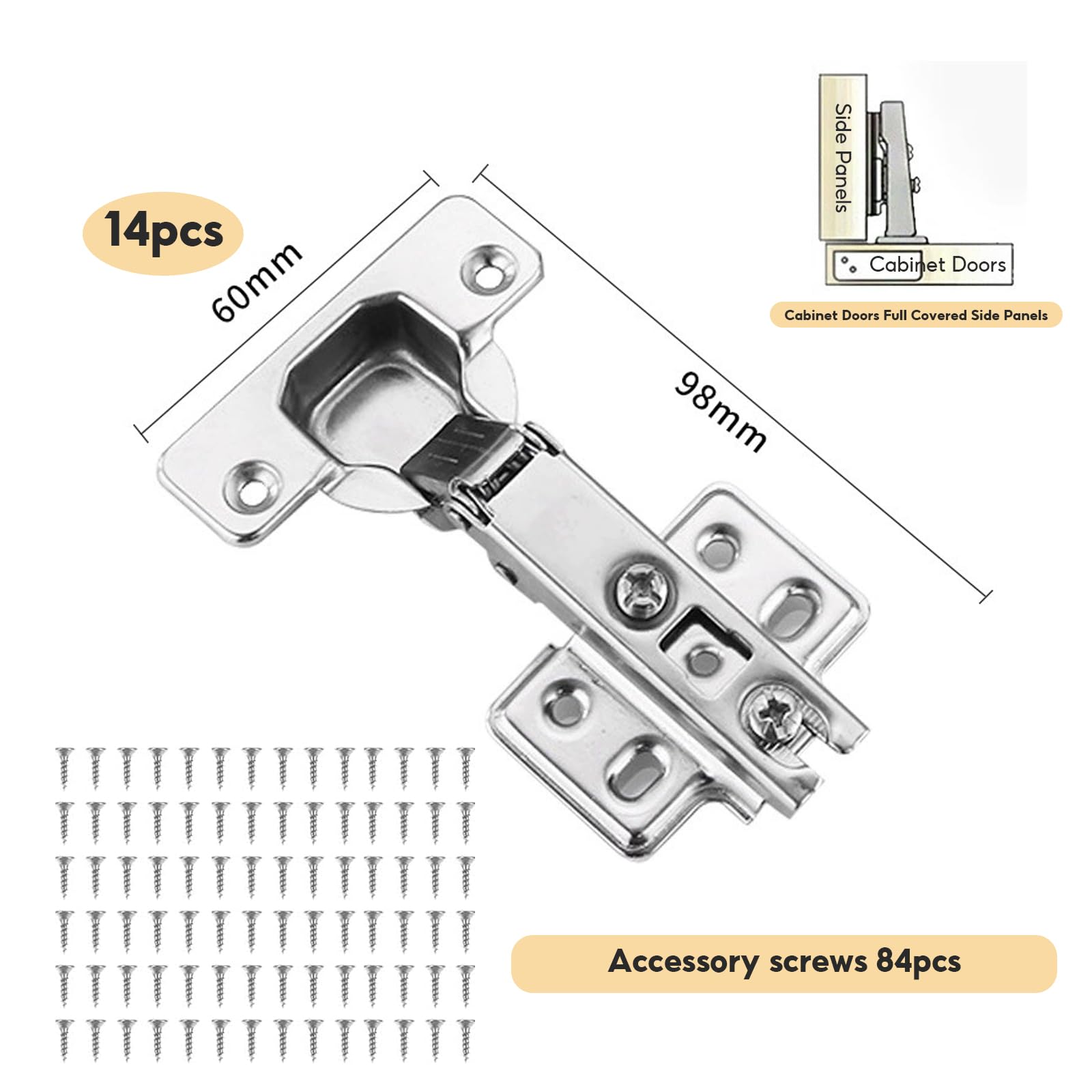 Kitchen Cupboard Hinges, 14PCS Kitchen Cabinet Hinges with Screws Adjustable for Bathrooms Bedrooms and More(Silver) - Image 2
