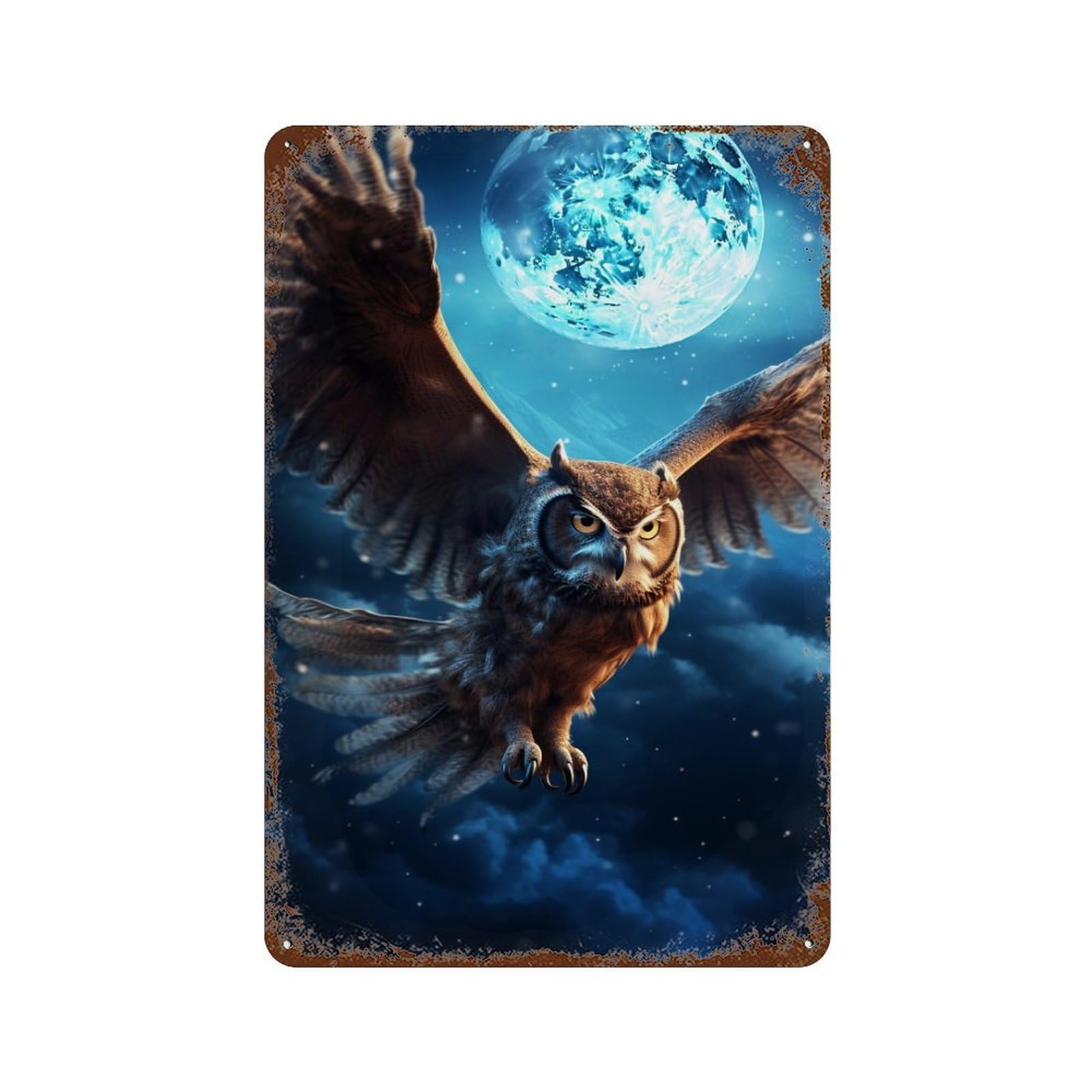 Moonlit Owl Flight Rust Effect Tin Sign 11.8"x7.9", Decorative Metal Wall Art for Living Room, Hallway And Home Decor