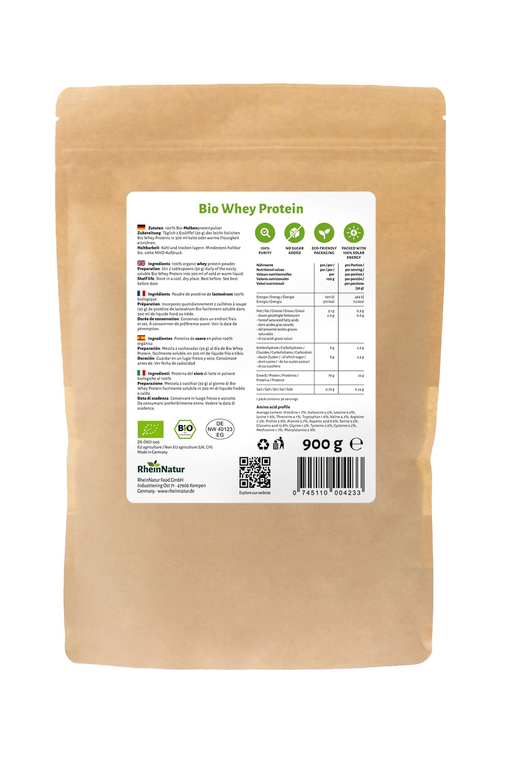 RheinNatur Bio Whey Protein-Pulver Vanille/Kakao/Geschmacksneutral, 900 g (Neutral)