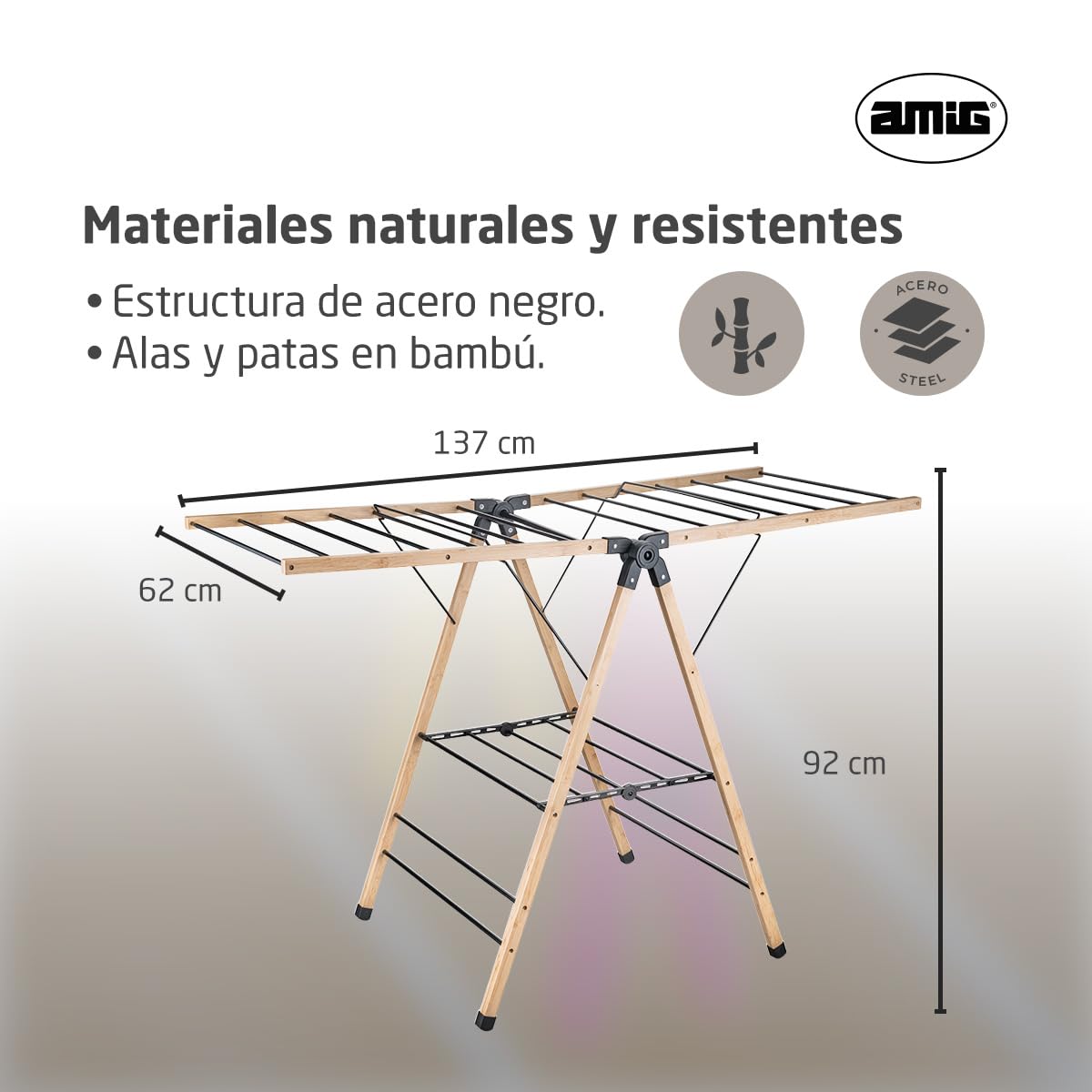 Amig - Tendedero con Alas Plegables Mod. Aeria Naturdry - Acero Epoxi y Bambú - Fácil Montaje y Plegado - 13 m de Espacio de Secado - Medidas 137 x 62 x 92 cm - Color Negro/Bambú
