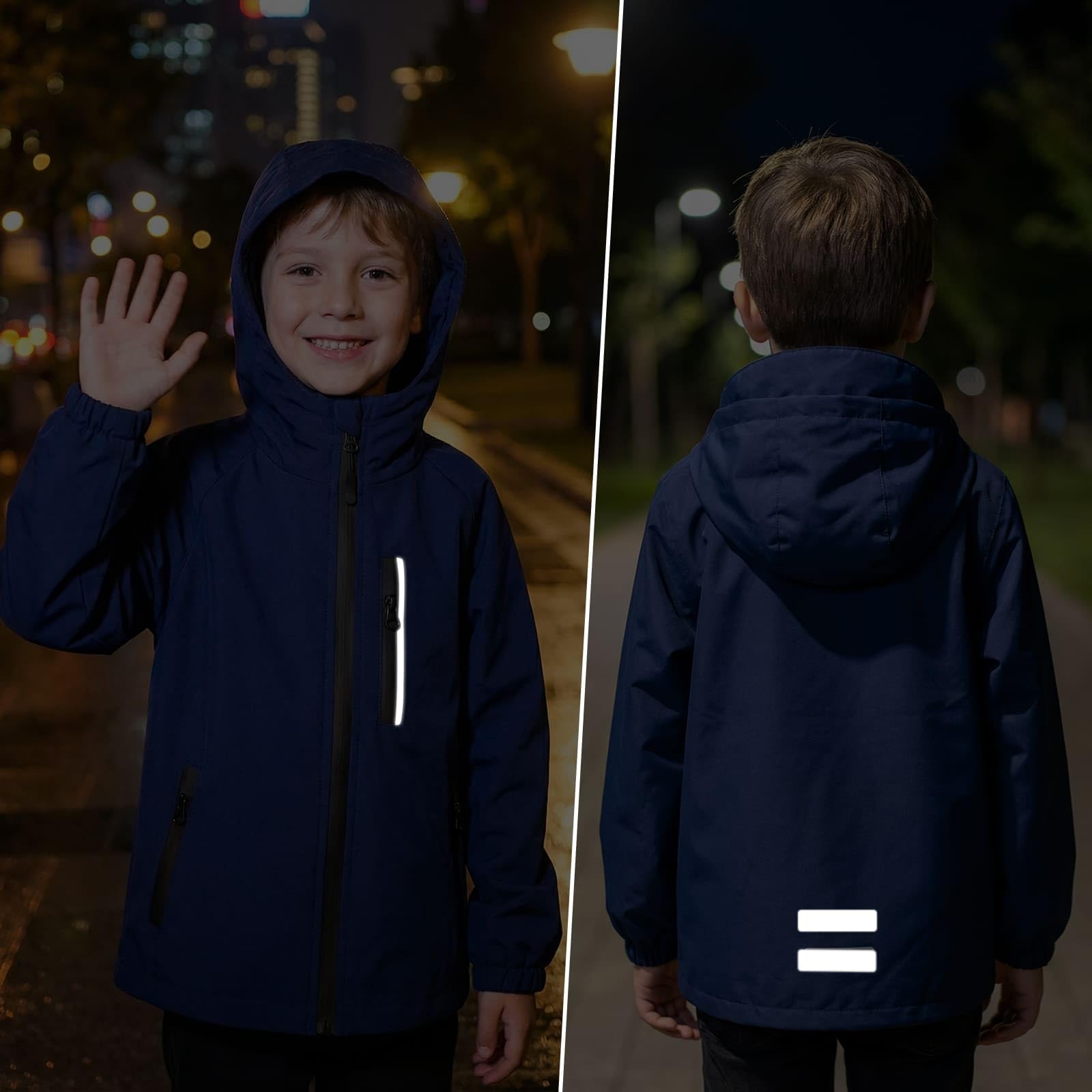 Blouson Imperméable pour Enfant Veste de pluie à Capuche, Garçon Fille Coupe-vent Leger Respirant Zippée Manteaux Mi-saison avec Réfléchissant Extérieur Vêtement 5-13 Ans