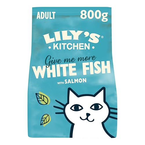 Lily's Kitchen Elaborado con Ingredientes Naturales Alimento seco para Gatos Adultos Receta de Pescado Blanco con salmón sin Cereales, 4 x 800 g