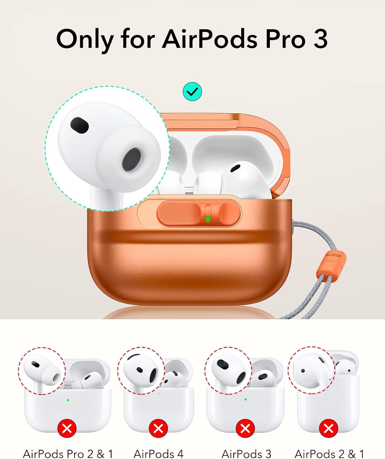ESR for AirPods Pro 3 Case (2025), Compatible with AirPods Pro 3 (USB-C Cable), MagSafe Ready, Magnetic Lid Lock, Full Drop Protection Cover with Lanyard, Orange AirPods Pro 3 Case Orange