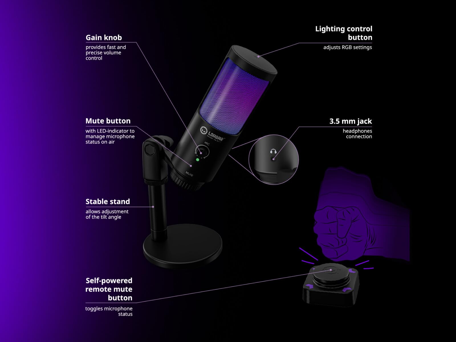 SMP40 RGB mikrofon gamingowy z bezprzewodowym przyciskiem wyciszania, mikrofon USB ze wzorem kardioidalnym, metalowy stojak, Plug & Play, do komputerów PC, Mac, Android i PlayStation, czarny
