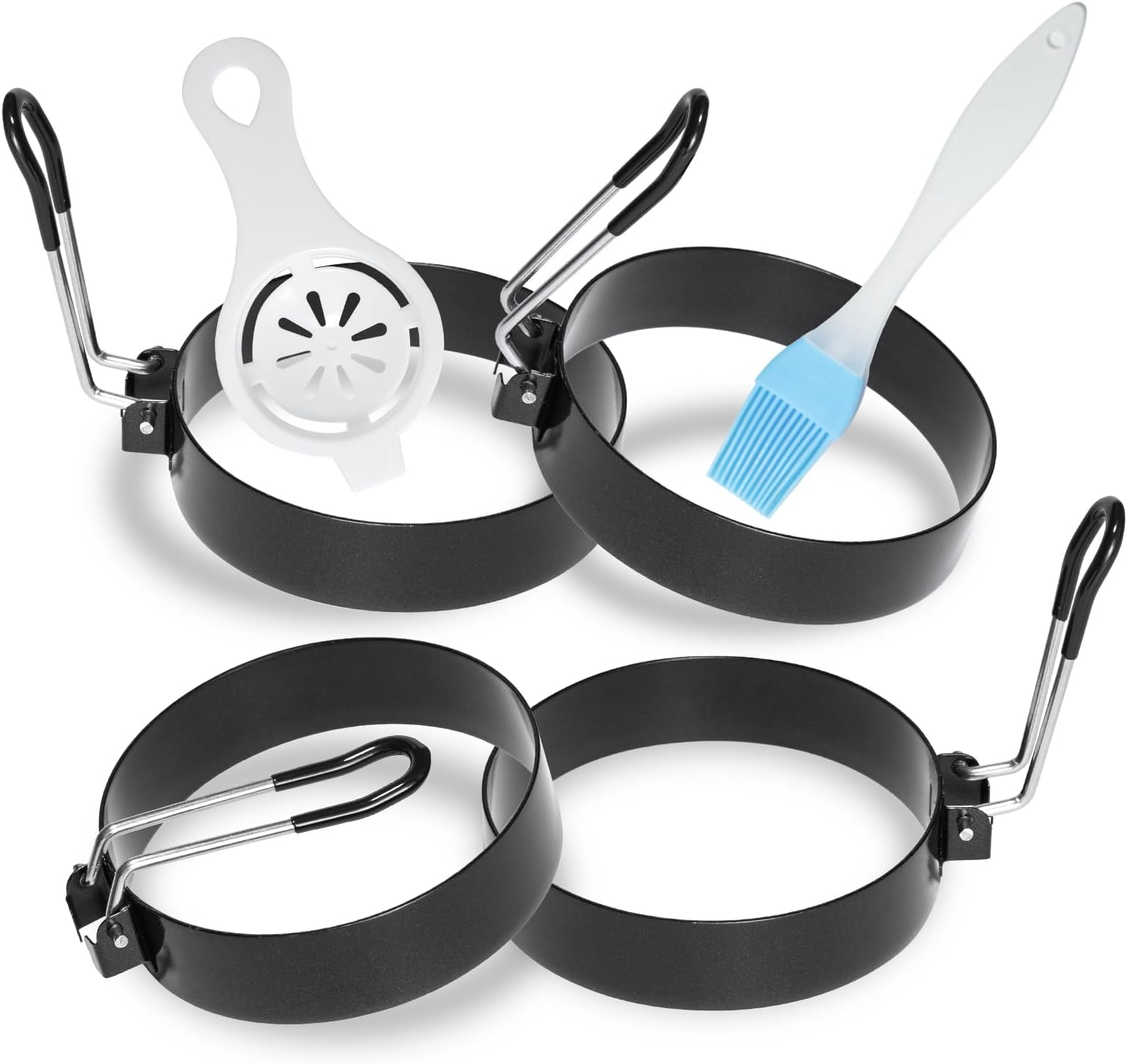 Stainless Steel Egg Rings for Frying Eggs（4 Pack） - 3.5" Round Non Stick Griddle Rings with Oil Brush, Egg Sandwich/Pancake/Cooking Molds, Breakfast Maker Accessories & Egg Separator