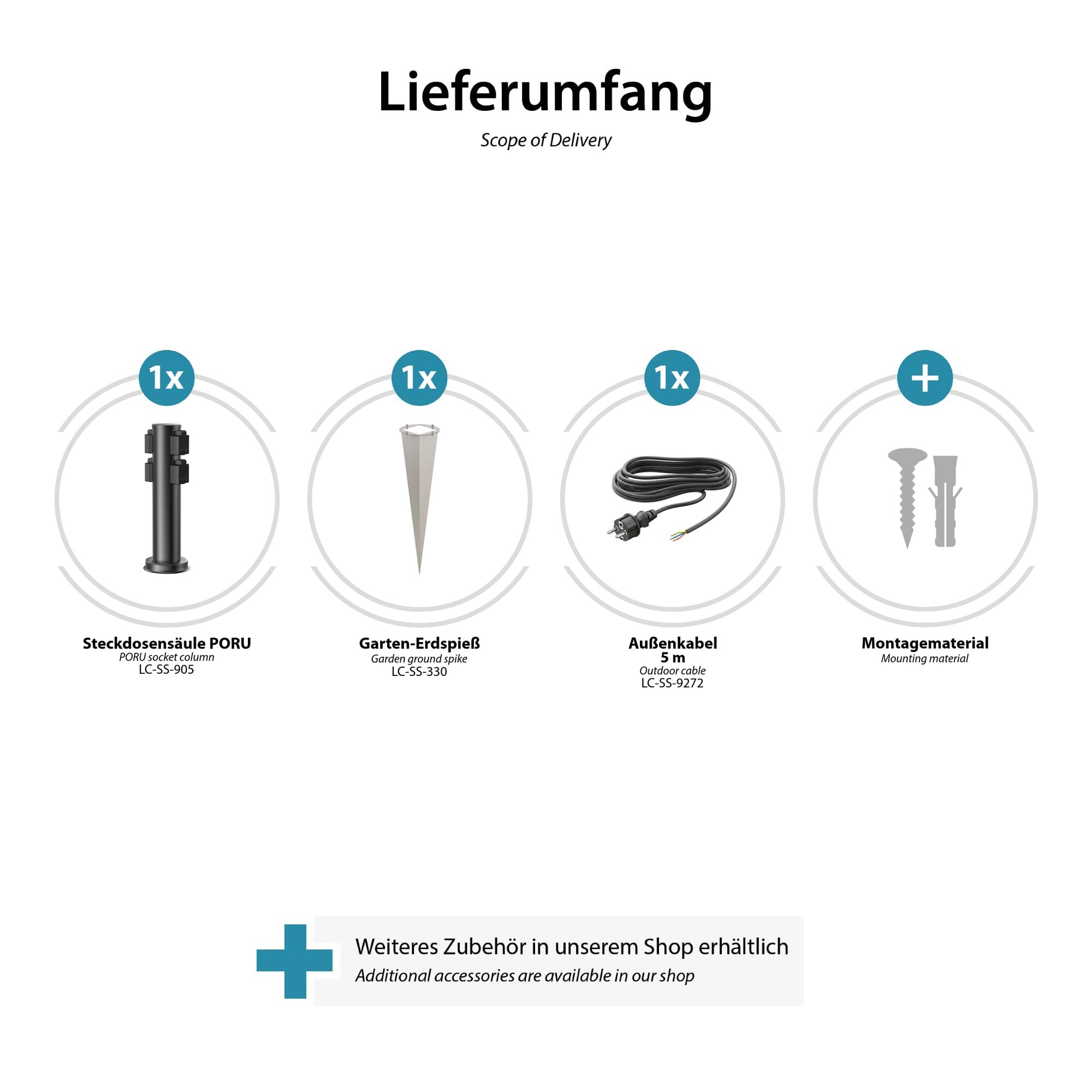 ledscom.de Colonnina con 2 prese da giardino PORU con picchetto da terra e cavo da 5 m per esterni, 4 prese, acciaio inossidabile, nera, rotonda, 38 cm