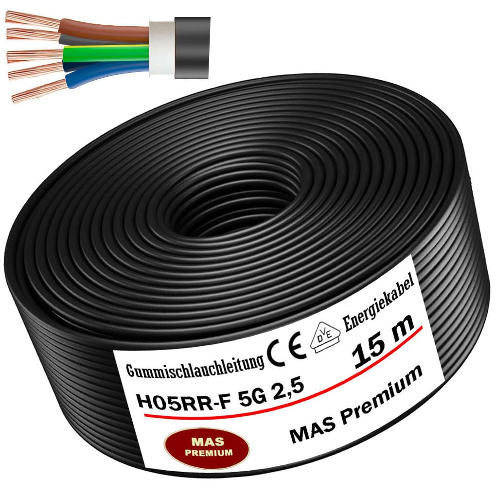 Cable de alimentación de goma de 5 a 100 m, H05RR-F 5G, 2,5 mm², cable flexible para dispositivos de mano y dispositivos ligeros (15 m)