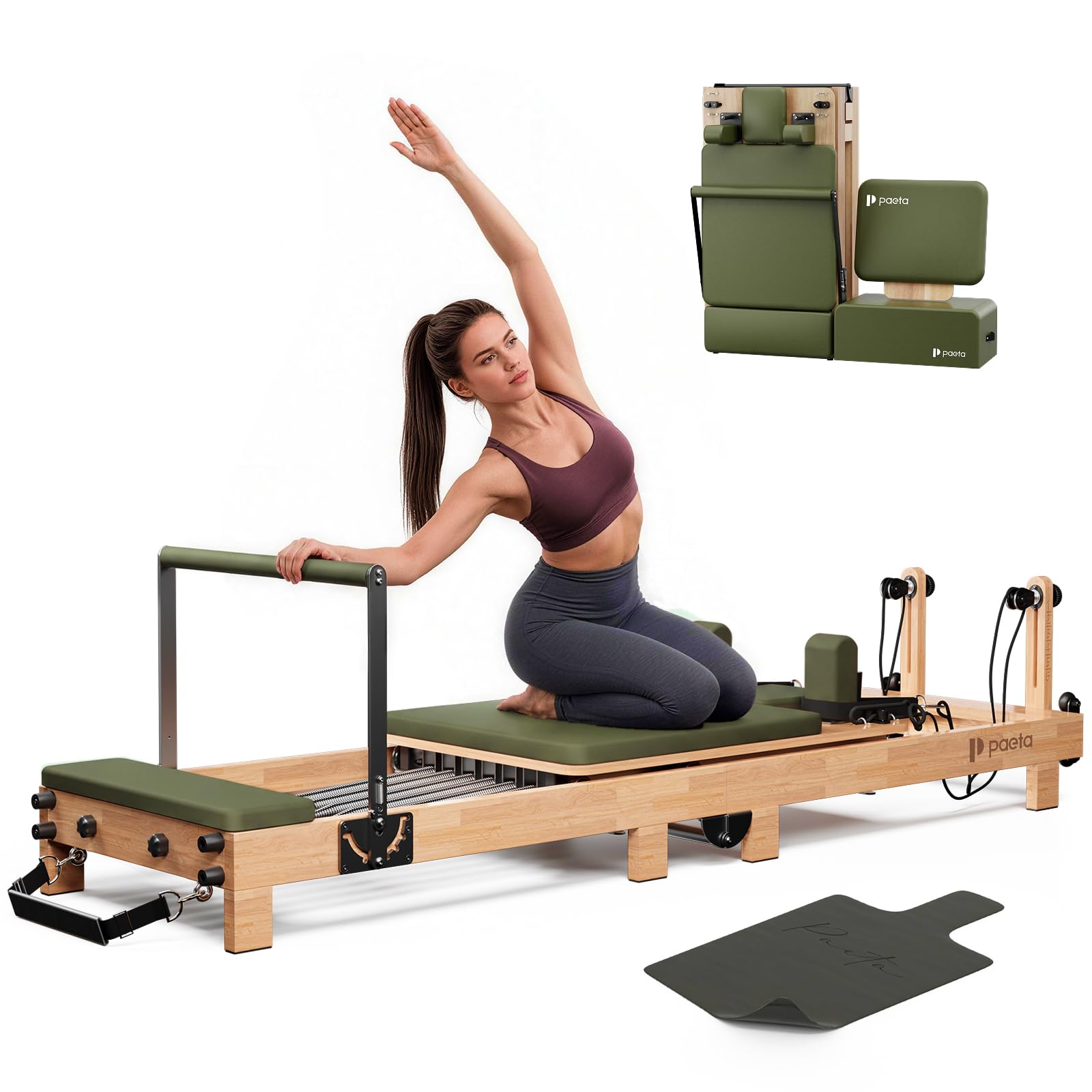 Pilates Reformer, PAETA 92" Wooden Pilates Reformer Machine with Springs, Pilates Machines for Home Use and Studio, Pilates Equipment with Sitting Box, Jump Board and Accessories