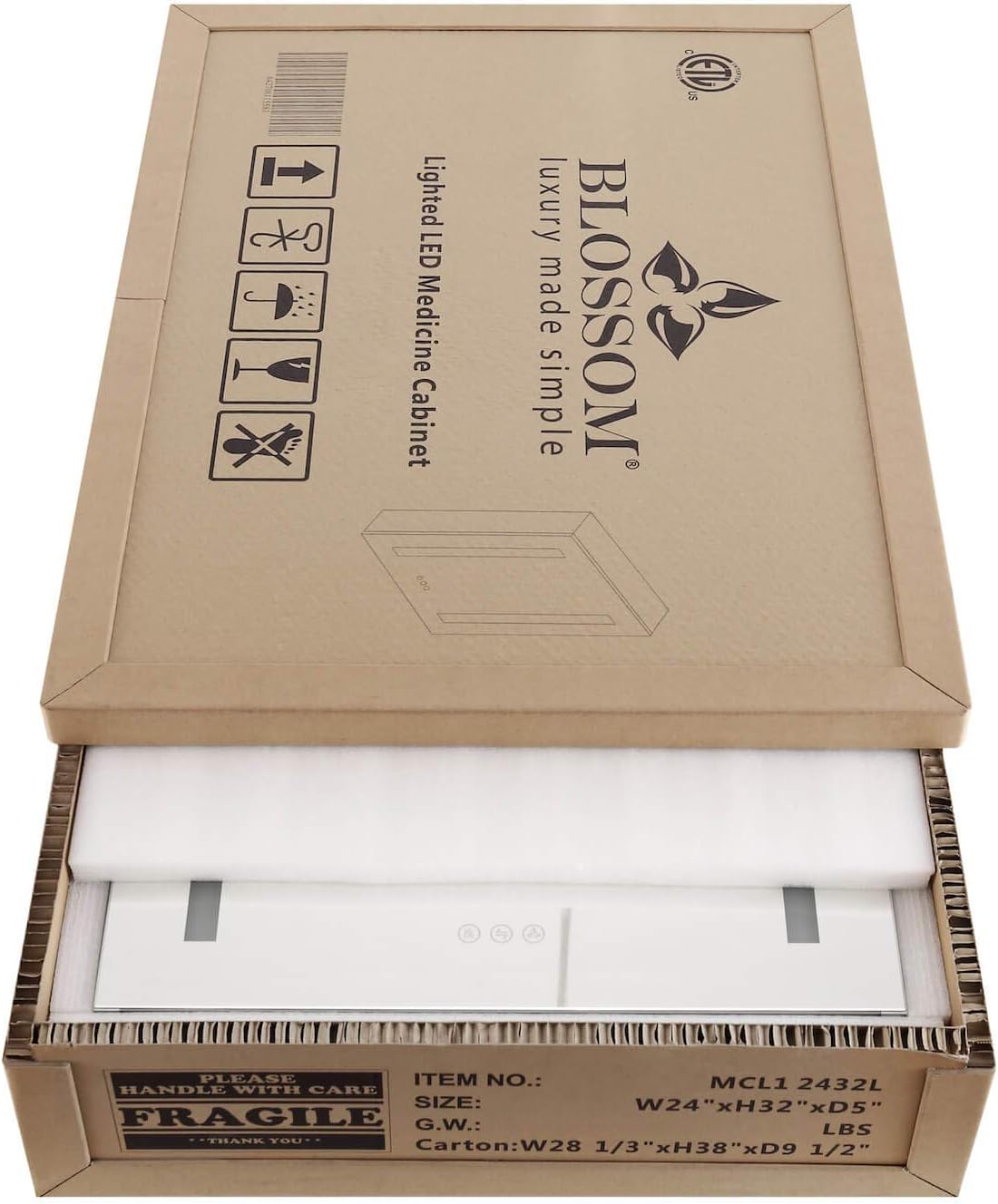 Blossom 30x32 Inch LED Medicine Cabinet Mirror for Bathroom, Lighted Medicine Cabinet with Mirror, Recessed or Surface Mount, Anti-Fog, Adjustable Brightness, Outlets & USB Ports