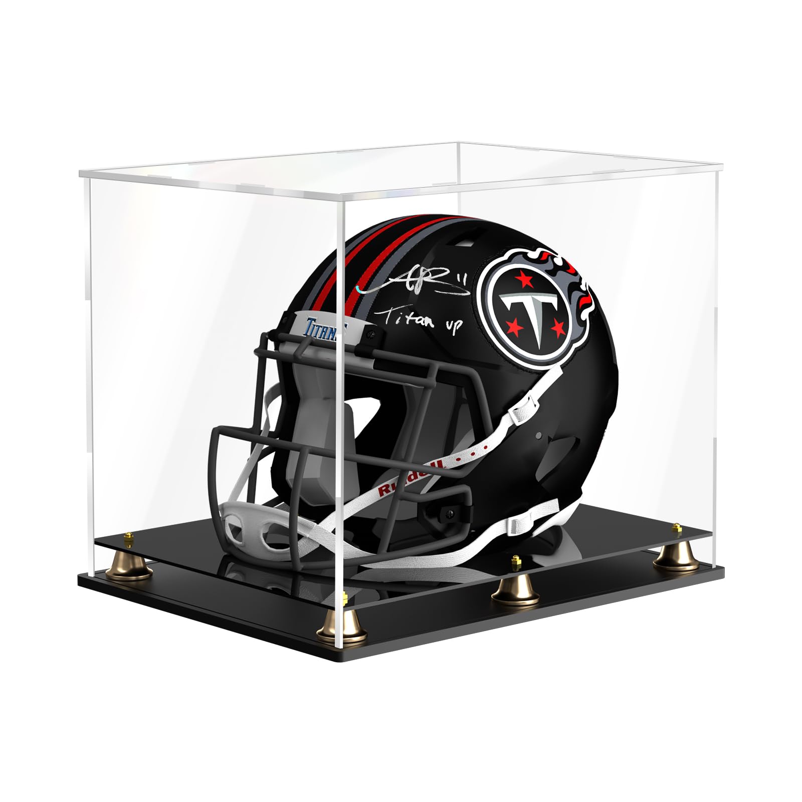 Vitrina de casco de fútbol de tamaño completo, caja de exhibición de casco de acrílico transparente a prueba de polvo con base de campana de metal para recuerdos deportivos (15 x 11.8 x 12.6