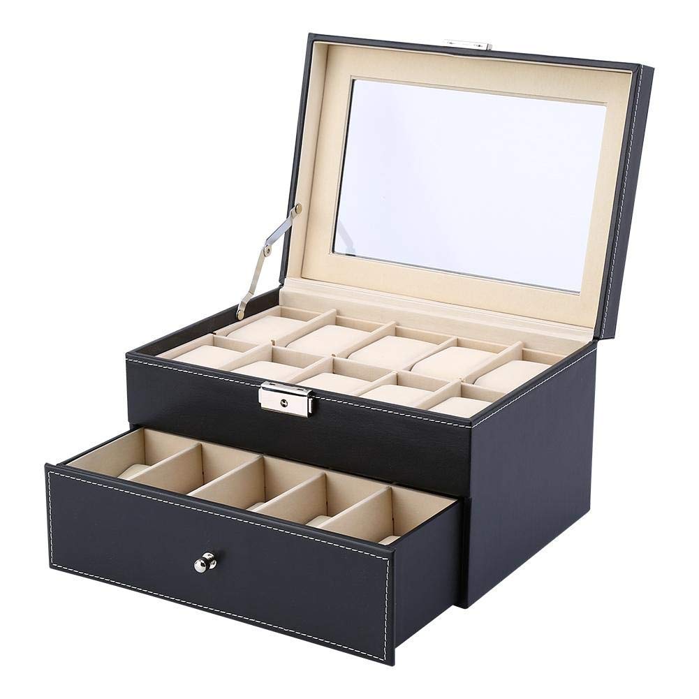 GOTOTOP Uhrenbox aus Holz und Leder, 20 Uhren Aufbewahrung Organizer mit Schublade, Elegant Uhrenkoffer für Schmuck und Armbanduhren