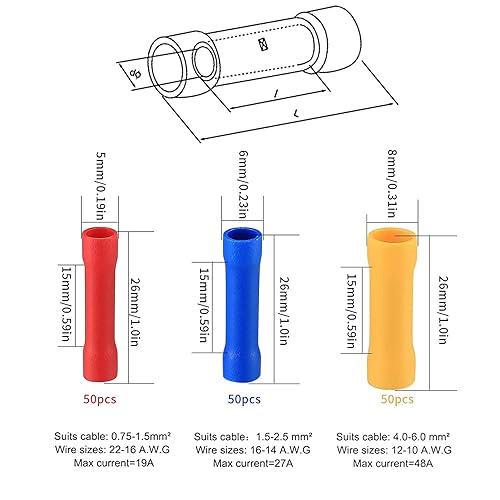 Miniatura 2 de Kit de 150 conectores eléctricos a tope de tope, conectores de cable de crimpado de empalme a tope, conectores de terminales de cable recto