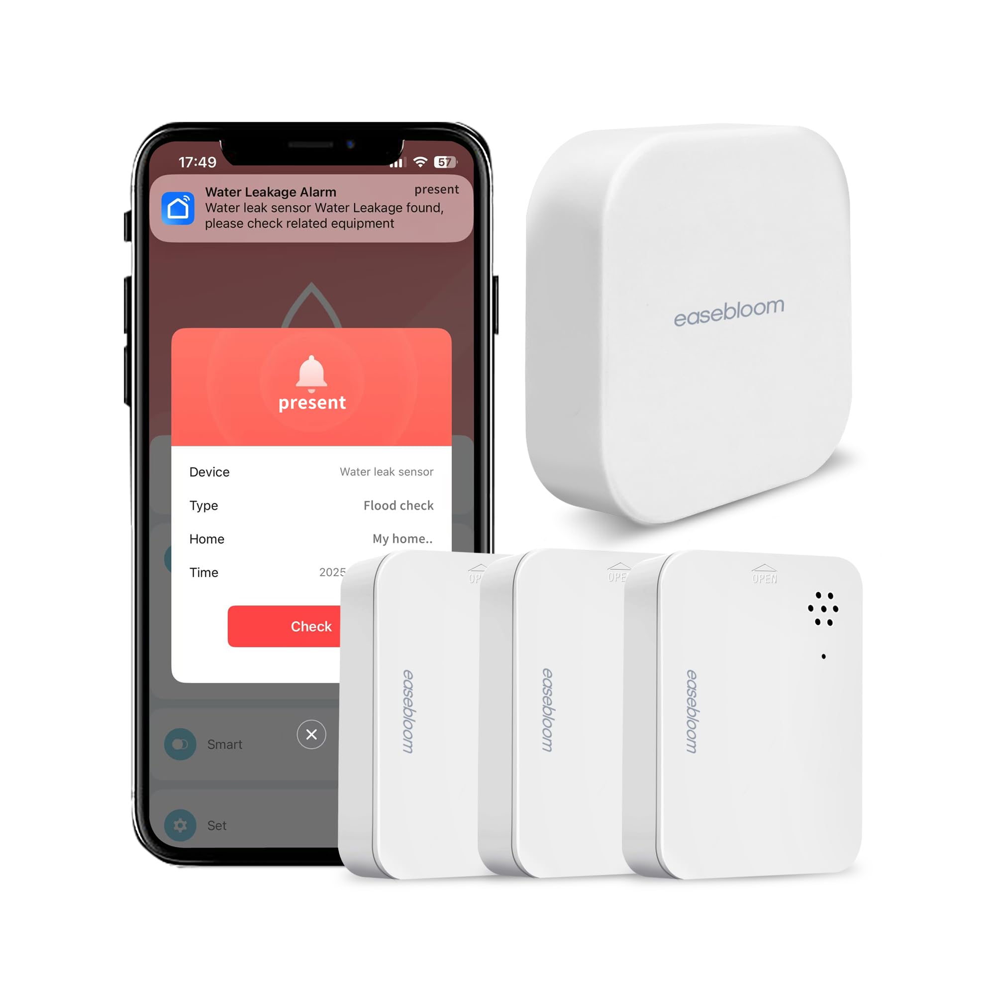 Easebloom Water Leak Detector - 90dB Siren & Instant App Alerts, Expandable to 128 Sensors for Basement/Kitchen/Bathroom, water sensor alarm leak detector,2.4G WiFi Only