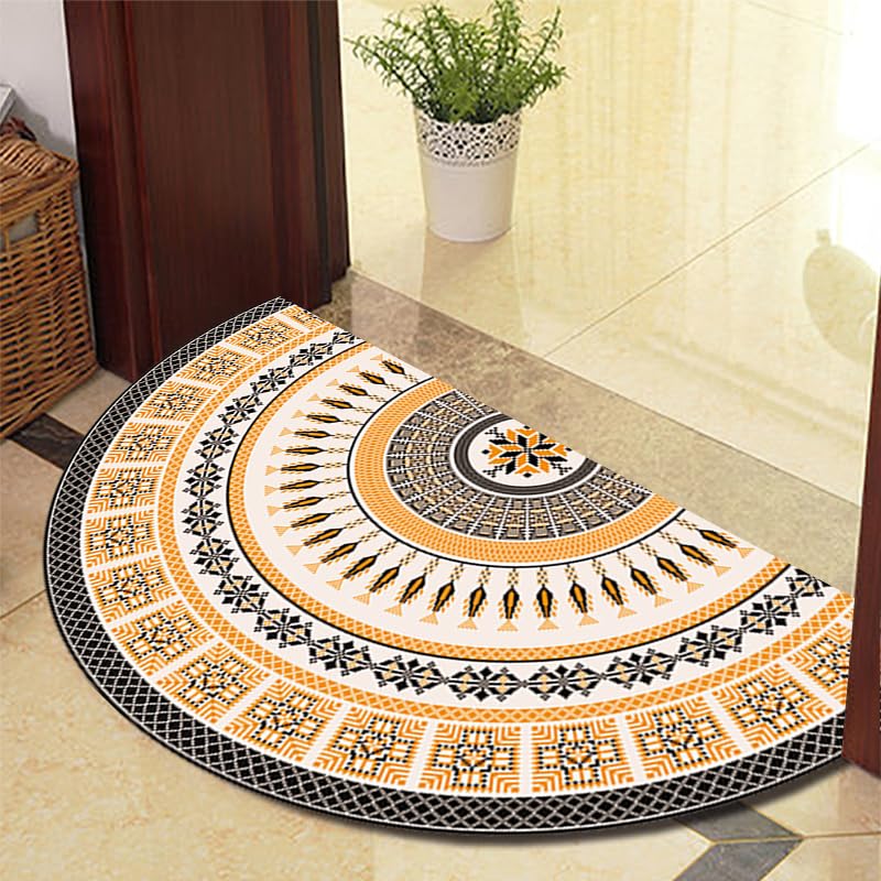 Eseriallen Half Round Door Mat Indoor Entrance Washable Half Circle Area Rugs Boho Mandala Non Slip Black Yellow 625-13 80cm X 130cm