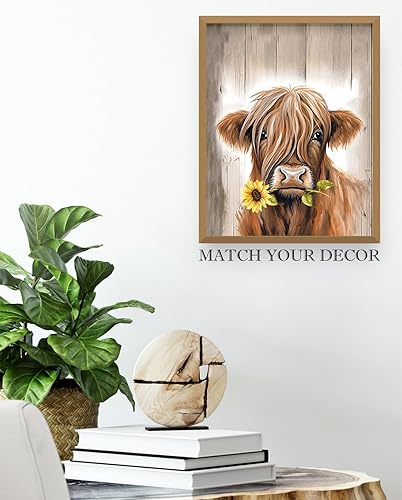 Miniatura 6 de Póster de vaca de girasol de las tierras altas de 11 x 14 pulgadas, alegre y divertida impresión artística de estilo de madera para decoración de