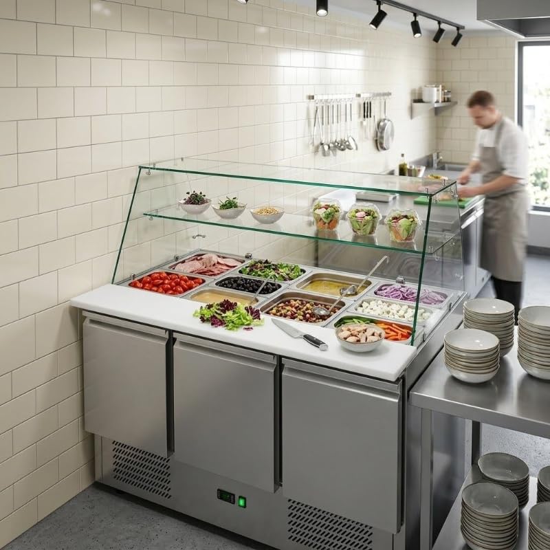 Générique Saladette refrigerata professionale a 3 ante con vetrina destra e ripiano - 368 litri