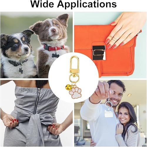 Miniatura 6 de DELORIGIN 12 colgantes de collar de mascotas para perro y gato, esmalte de hueso de pata de perro, campanas pequeñas con cierres giratorios,