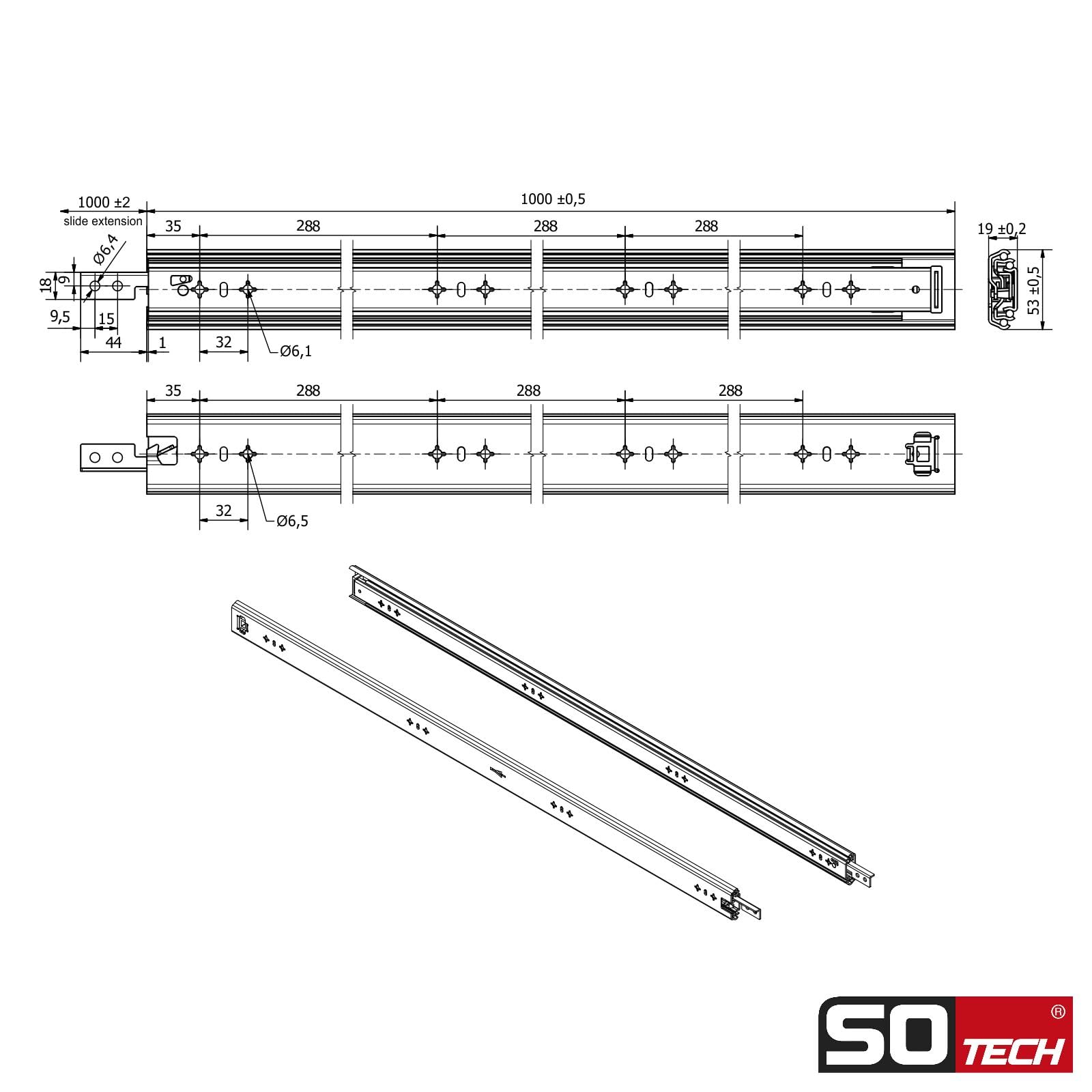 SOTECH VarioSlide Pat. Set completo di guide per cassetti KV2-100-H53-1000 EH 1000 mm fino a 100 kg, chiusura con una mano, anodizzato nero per cassetti senza frontale fino a 600 mm di larghezza