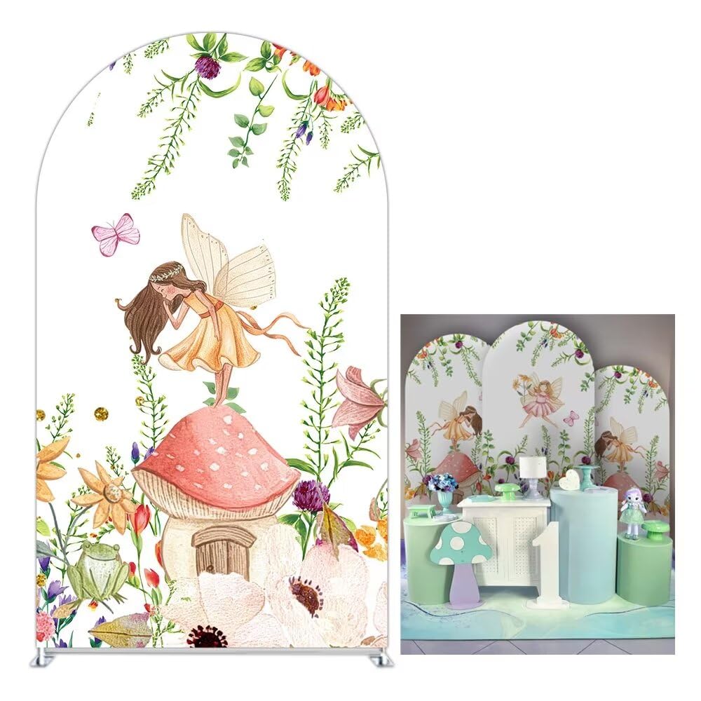 Iydamc Flower Fairy Arched Backdrop Covers Photography Background Mushroom House Butterfly Fairy Arch Stand Covers for Priness Birthday Party Decor