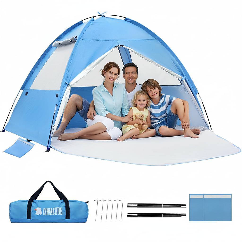 COVACURE 2026 New Upgraded Beach Tent Sun Shelter for 3-4 Person - UPF 50+ UV Protection Beach Shade, Waterproof & Lightweight, Easy Setup Portable Sun Canopy for Camping, Fishing, Beach(Blue)