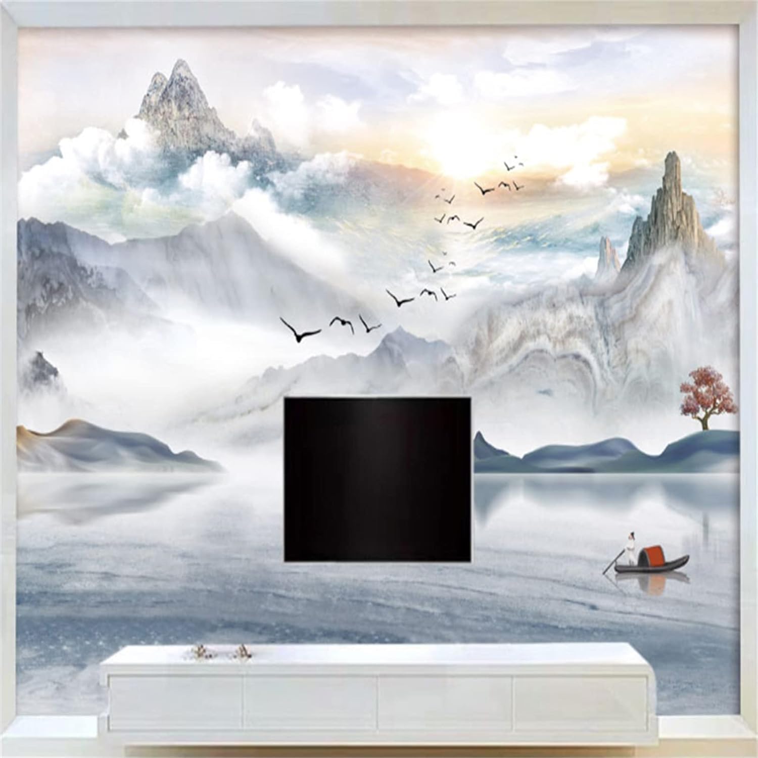 Papier peint amovible 3D montagne marbre pour rénover un mur de salon sans colle