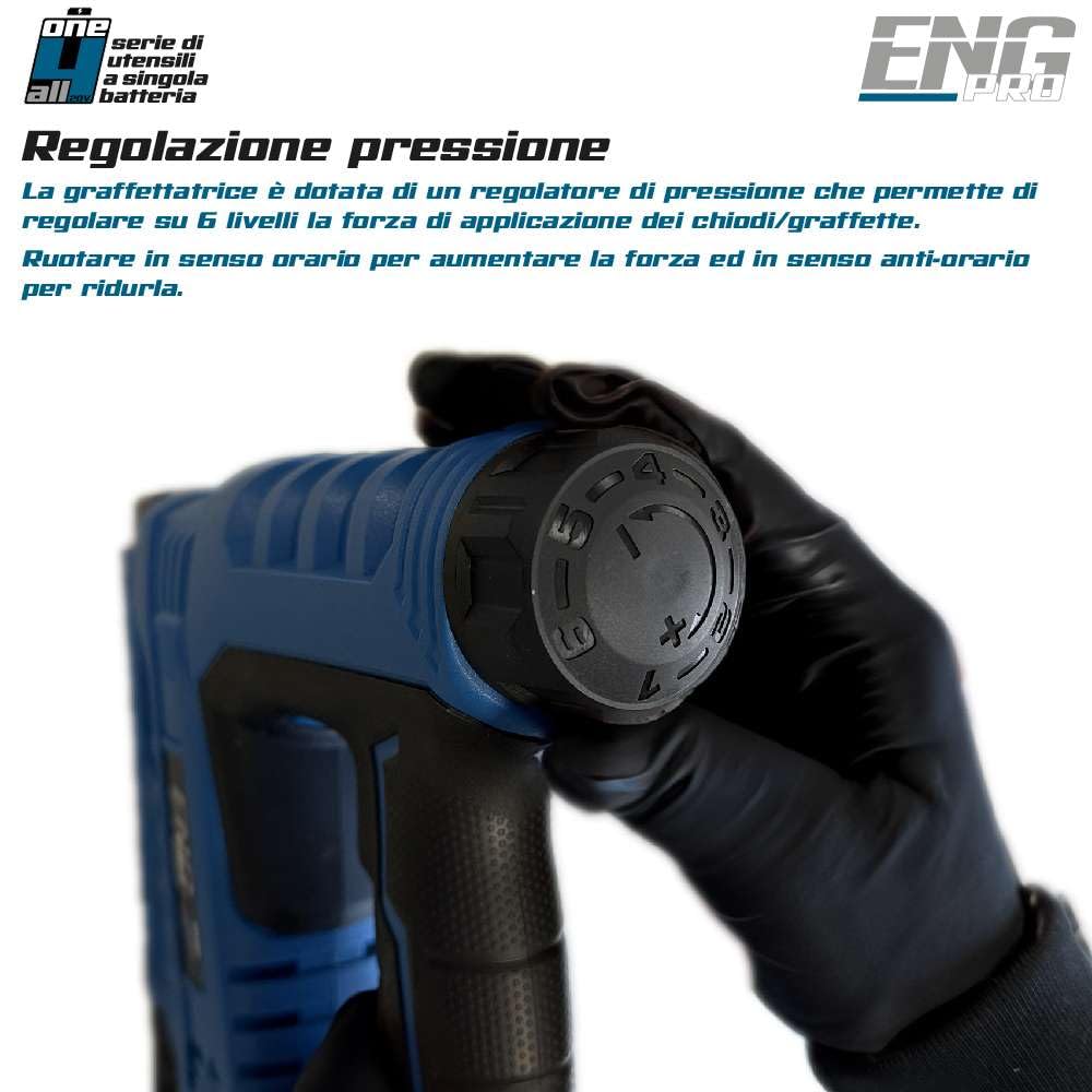Graffettatrice e Sparachiodi 2-in-1 | Linea Professionale ONE4ALL 20V | 30 Colpi al Minuto, 6 Regolazioni di Pressione | Sicurezza Ergonomica, Luce LED | 2 Batterie 2.0 Ah