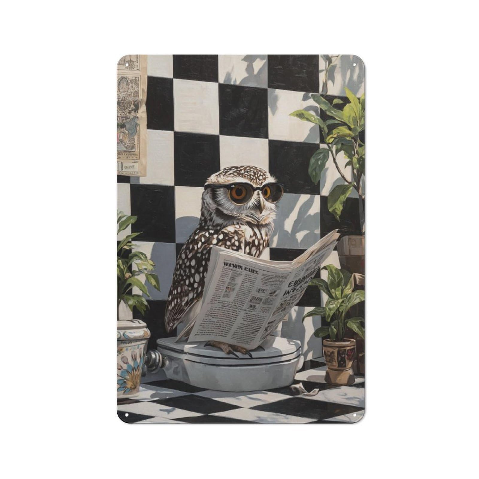 Junmoney Owl Reads News Rustic Tin Wall Plaque 30X20cm For Guest Room Or Hallway, For Garage, Workshop And Man Cave Decoration