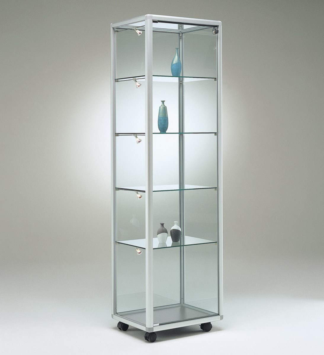 Glasvitrine T 52,5 x B 52,5 x H 184,5 cm - schmale Glas Standvitrine abschließbar - Ausstellungs-Vitrine ohne Beleuchtung - mit Spiegel-Rückwand
