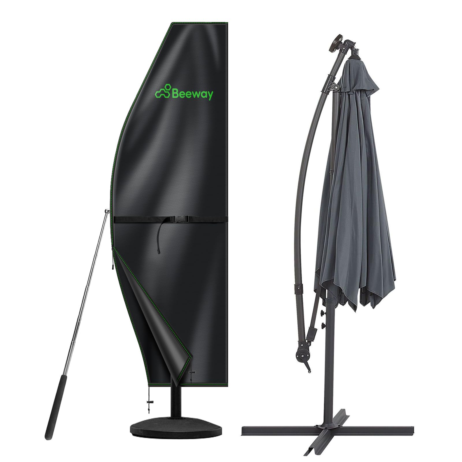 BEEWAY Garden Parasol Cover Waterproof, Outdoor Cantilever Parasol Cover with Zipper and Rod Fit for 1m to 3m Banana Patio Umbrella - 210D Oxford Fabric, Anti-UV , Windproof - 205 x 45/75/32cm — view 10