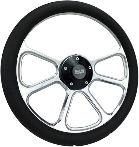 Miniatura 3 de Volante Billet Muscle de 14 pulgadas con envoltura de vinilo negro y cuerno SS negro, 5 agujeros