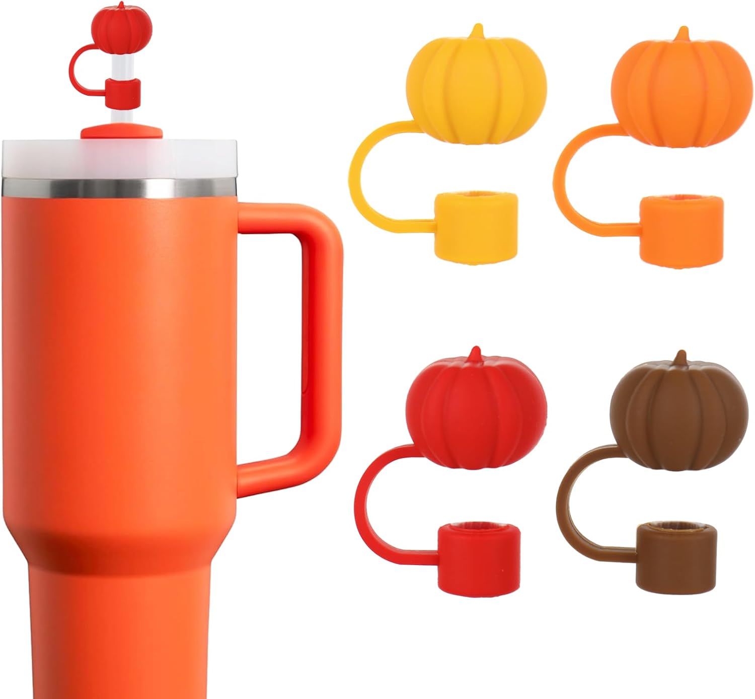 Whaline 4Pcs Fall Straw Cover Cap Orange Pink Pumpkin Silicone Reusable Straw Topper Halloween Thanksgiving 10mm/0.4In Straws Lid Protector for 30/40 oz Tumbler Cup Accessories