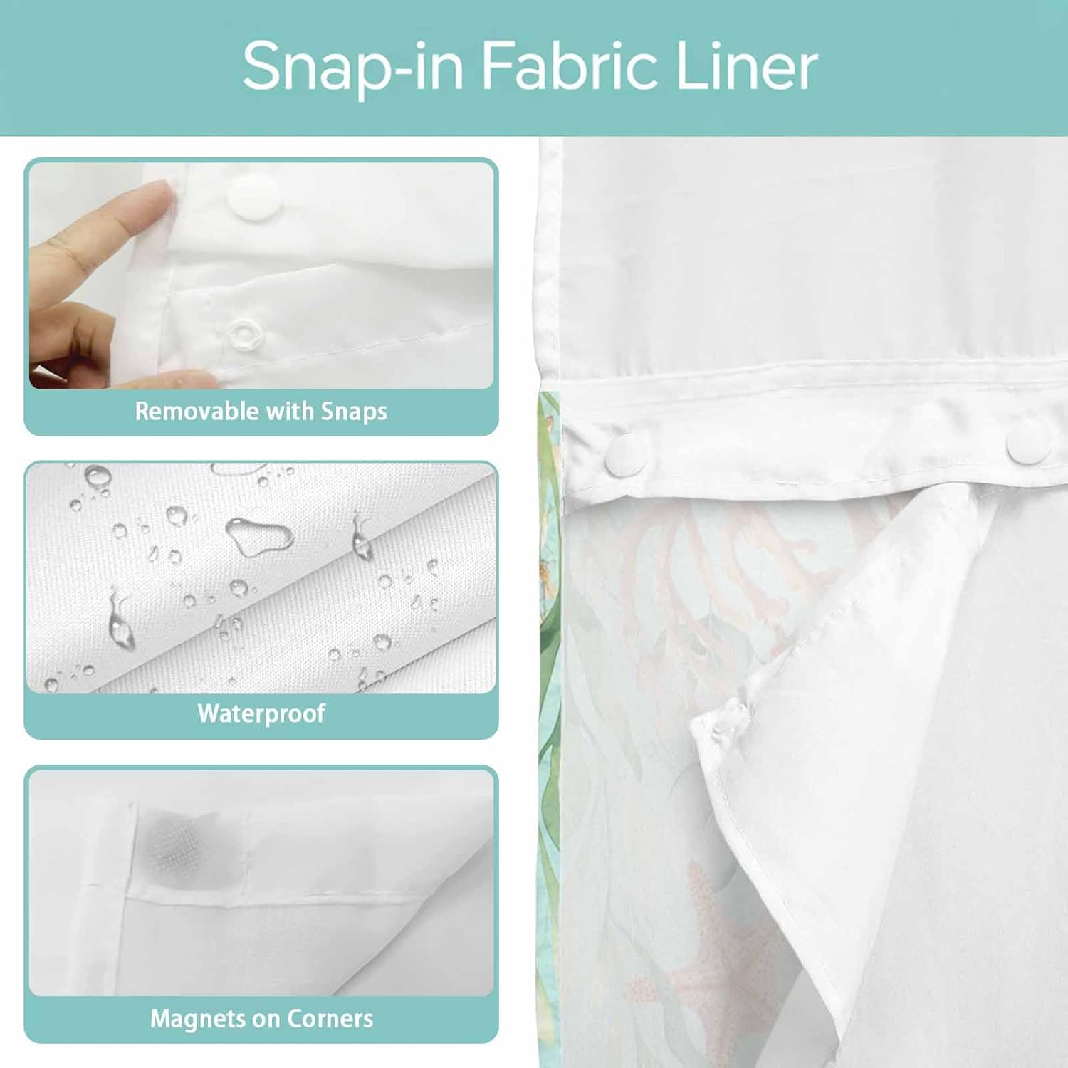 No Hook Shower Curtain with Snap in Liner Set Coral Seagrass Shower Curtains for Bathroom Waterproof Green Eucalyptus Leaves Starfish Shell Bath Curtain with See Through Mesh Top Window for Spa 60x72