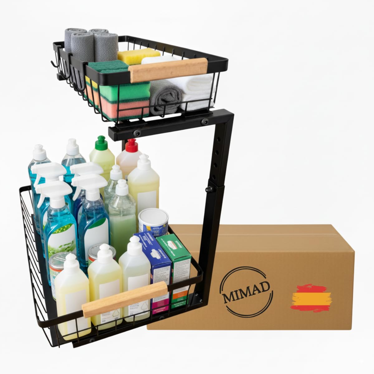 Organizador Bajo Fregadero Multiusos Fácil de Montar PREMIUM | Organizador Cocina, Baño, Lavadero | Acero Carbono 2 Niveles, Cestas Extraíbles, Altura Ajustable y Forma de L | Hogar y cocina
