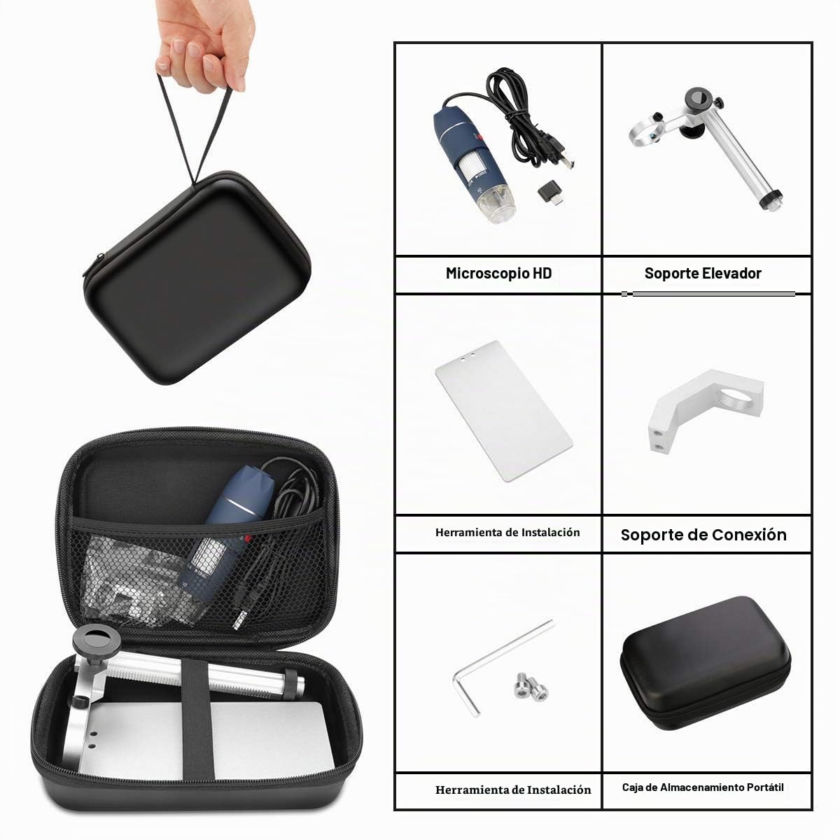 Jiusion Microscopio Digital HD 2MP USB 40-1000X con Aumento portátil cámara endoscopio con 8 LED aleación de Aluminio Soporte Estable para OTG Android Mac Windows 7 8 10 11 Linux | Endoscopio 8 LED Soporte Estable Aleación de Aluminio para OTG Android Mac