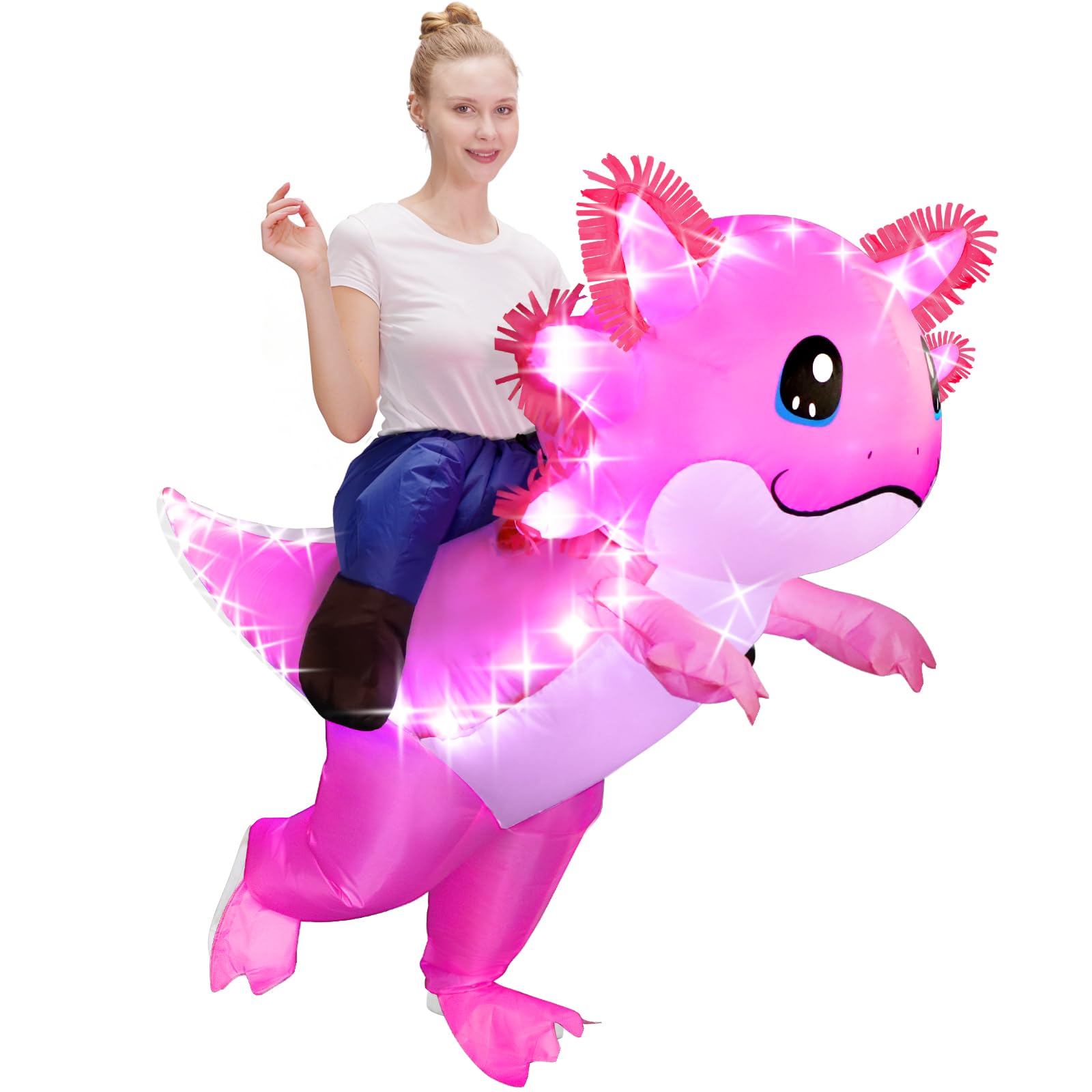 Poptrend Inflatable Axolotl Costume for Adult, Halloween Luminous LED Axolotl Blow Up Costume Ride on Axolotl Costumes for Men Women Cosplay Party (Adult)
