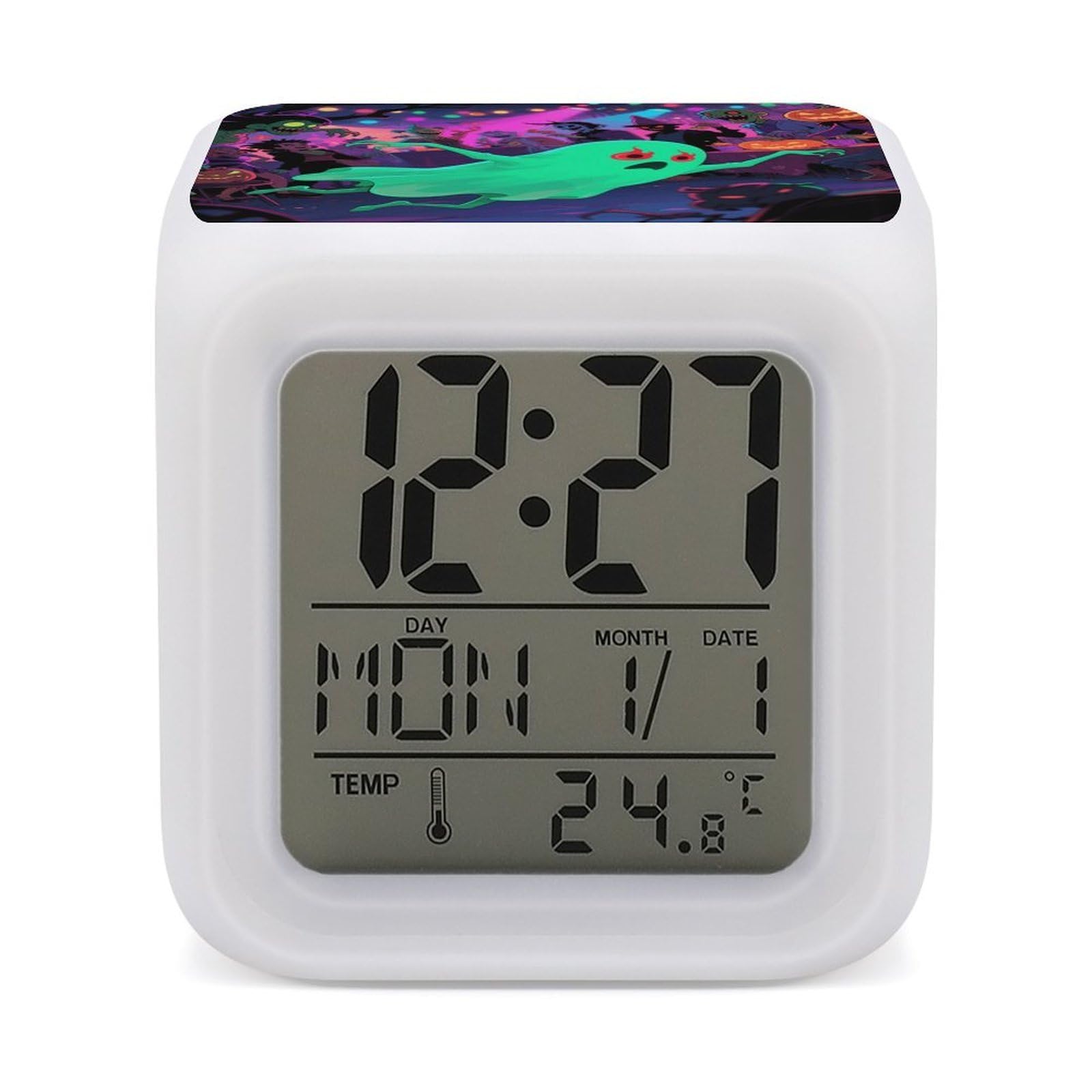 VstaDank Halloween Ghost Alarm Clock with Date Temperature Large LED Display Number Clocks with 7 Colors Changing Desk Clock Battery Operated Digital Clocks with Date for Heavy Sleepers