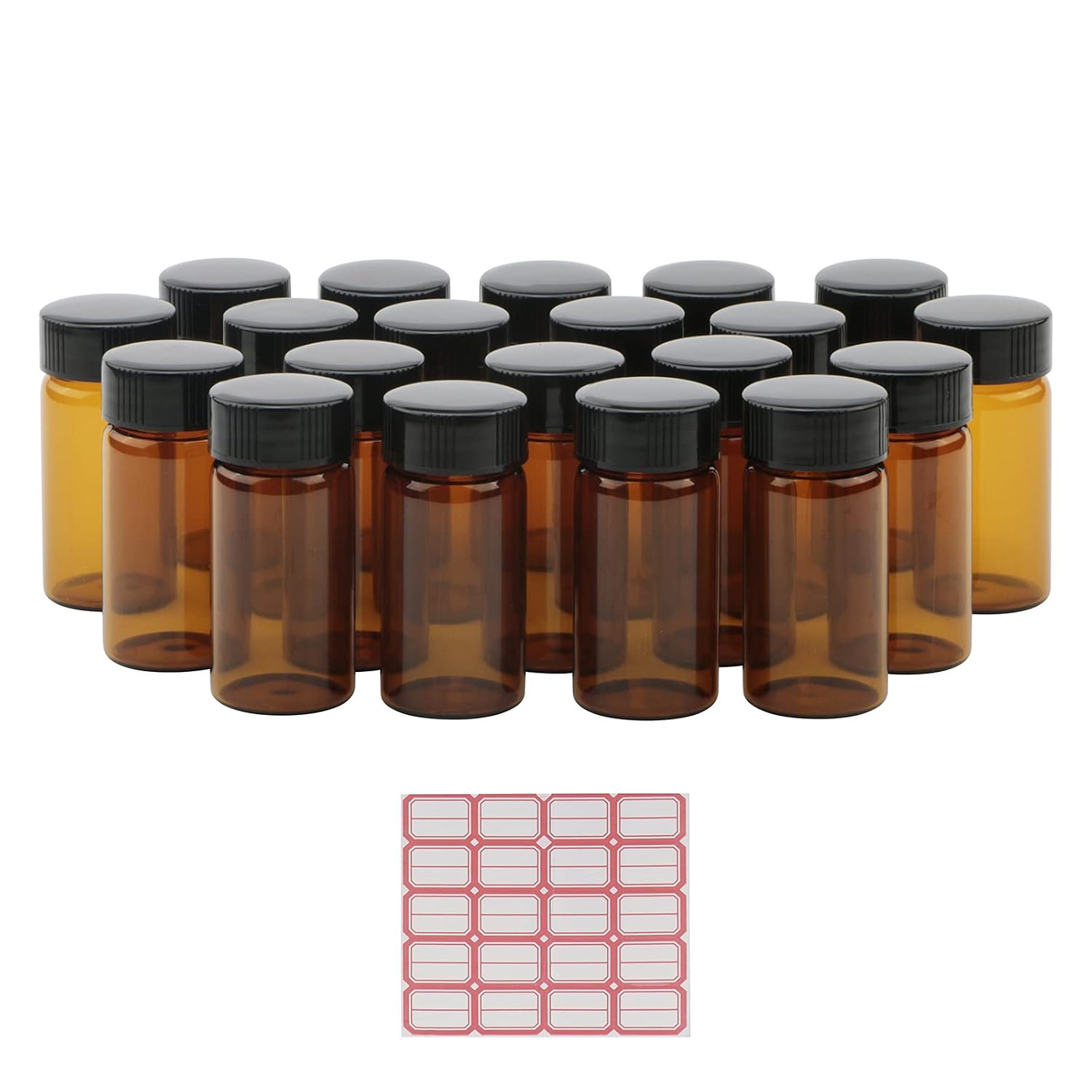 Pxyelec 20 Pack Set 20 ML Brown Screw Cap Glass Bottle for Essential Oils Perfumes and Oil Blends Comes with Red Handwritten Sticker Paper