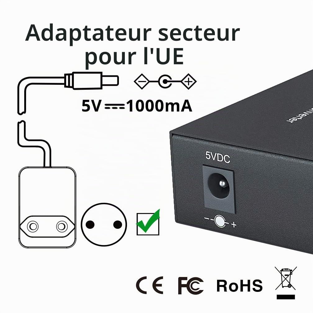 10Gtek Convertisseur de Média Gigabit Ethernet, Built-in 1Gb Monomode SC Transceiver, 10/100/1000M RJ45 à 1000Base-LX, jusqu'à 20km, European Power Adapter, 2pcs