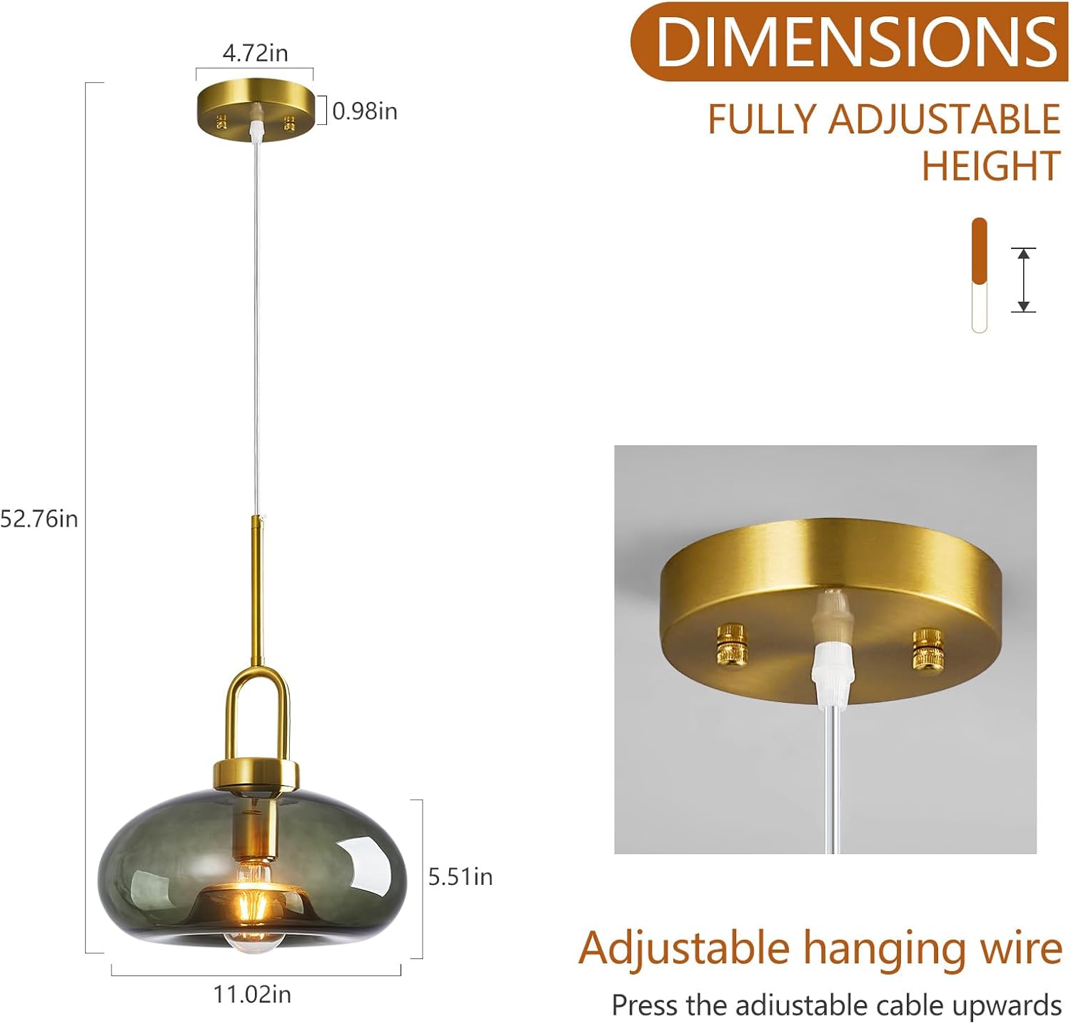 Gray Green Glass Pendant Lights Kitchen Island Gold Pendant Light Fixtures Adjustable Height Modern Pendant Lighting for Bedroom Dining Room (1-Pack)