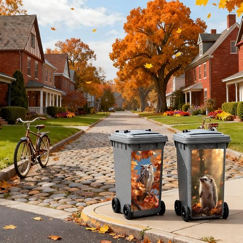 Image of 2 PC Trash Can Sticker 14.57 x 32.28 Inch Autumn Forest Animal Design Vinyl Sticker with Hedgehog Owl and Leaf Pattern for Outdoor Garbage Bin Garden Yard Driveway Home Decor