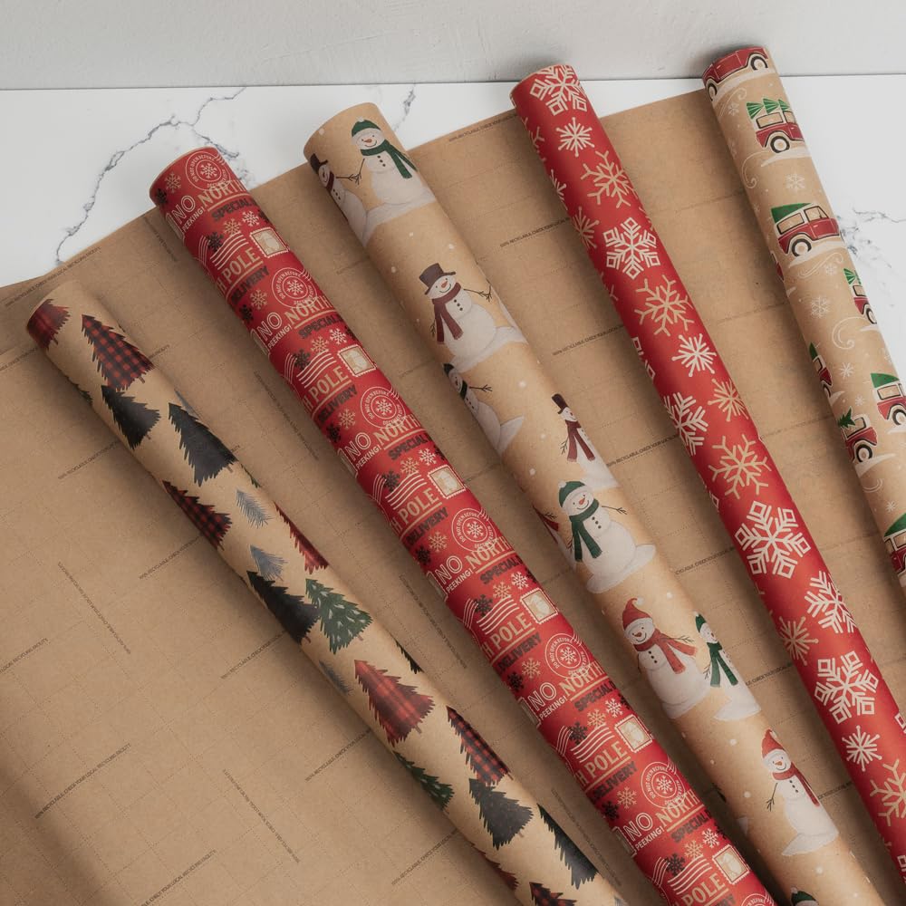 JAM Paper Geschenkpapier, Weihnachtsgeschenkpapier, Kraftpapier, insgesamt 125 m², 5 Rollen/Packung